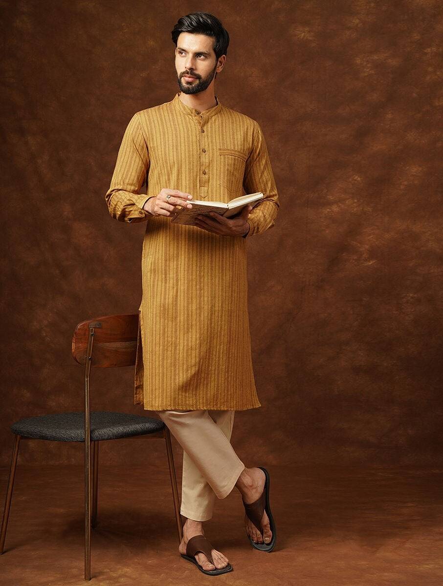 Men Mustard Yellow Cotton Round Neck Regular Fit Kurta