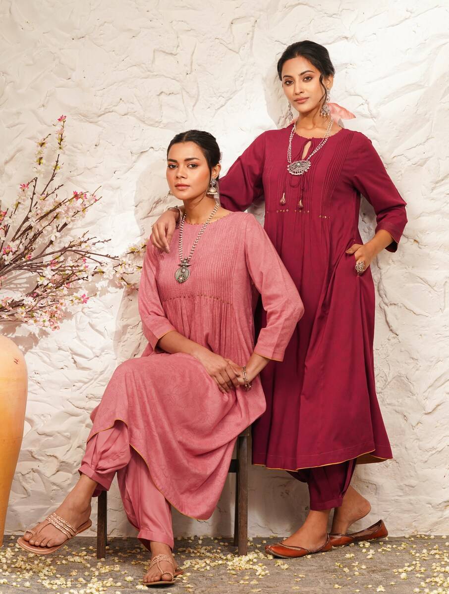 Women Maroon Red Viscose Block Print Kurta with Pants