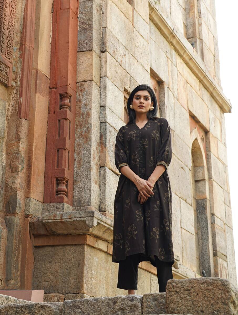 Women Black Cotton Dabu V Neck Flared Kurta