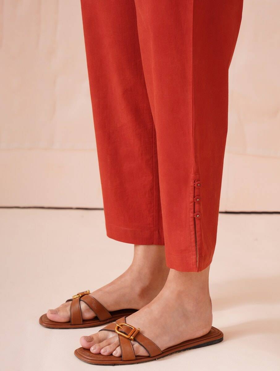 Women Red Cotton Solid Ankle Length Regular Fit Pants
