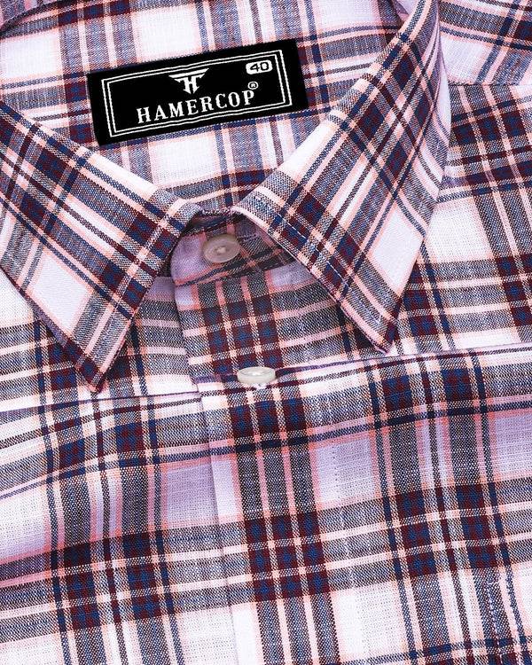 Forio Maroon With Pink Check Linen Cotton Shirt