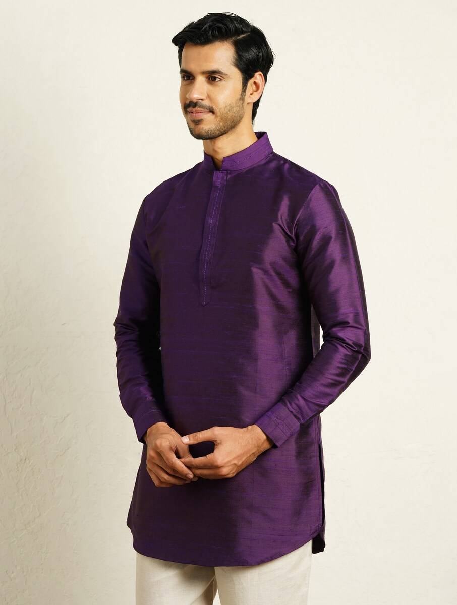 Men Wine Purple Silk Kantha Mandarin Collar Regular Fit Kurta