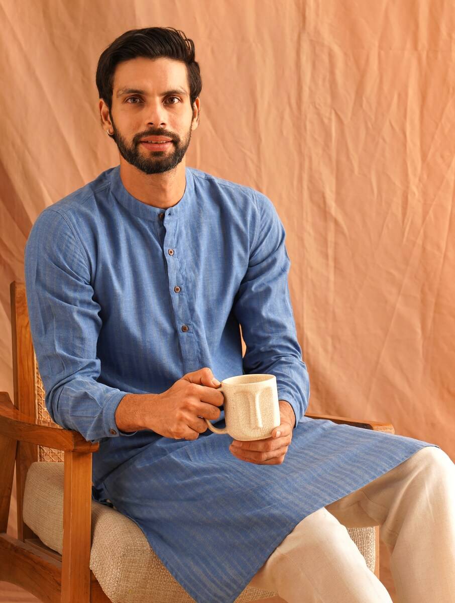 Men Blue Cotton Mandarin Collar Straight Fit Kurta