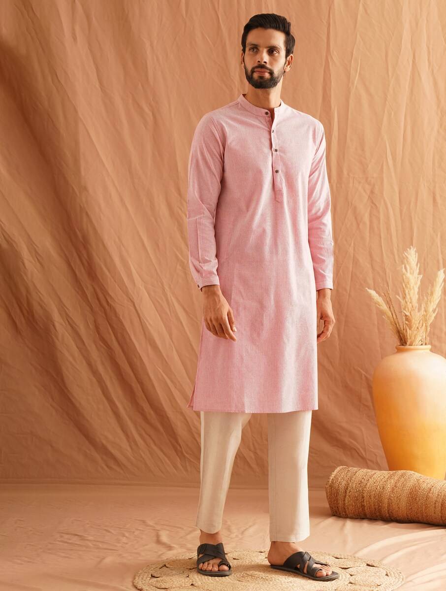 Men Pink Cotton Mandarin Collar Straight Fit Kurta