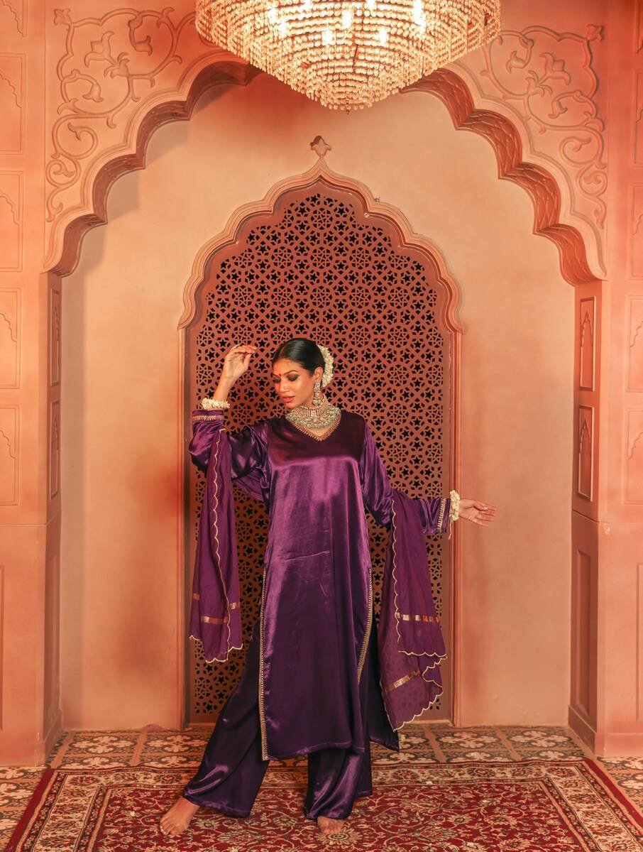 Women Purple Gajji Silk Embroidered Kurta, Pants & Dupatta