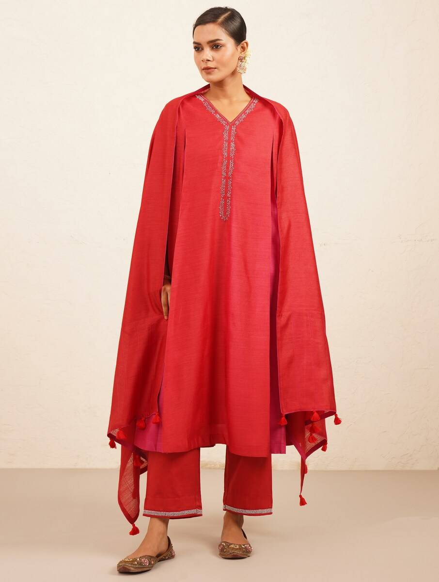Women Red Tussar Silk Hand Embroidery Kurta, Pants & Dupatta