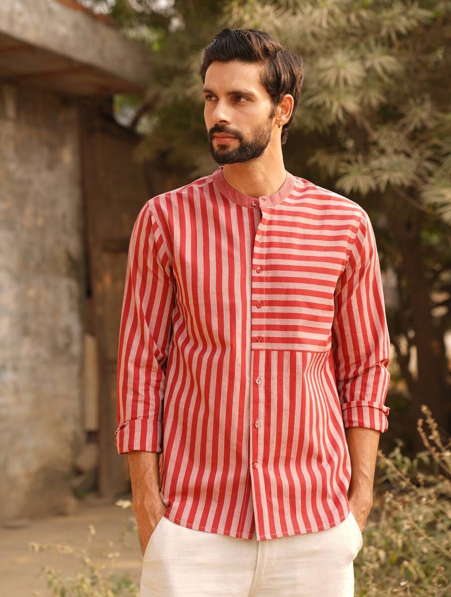 Men Red Cotton Striped Hand Woven Mandarin Collar Straight Fit Shirts