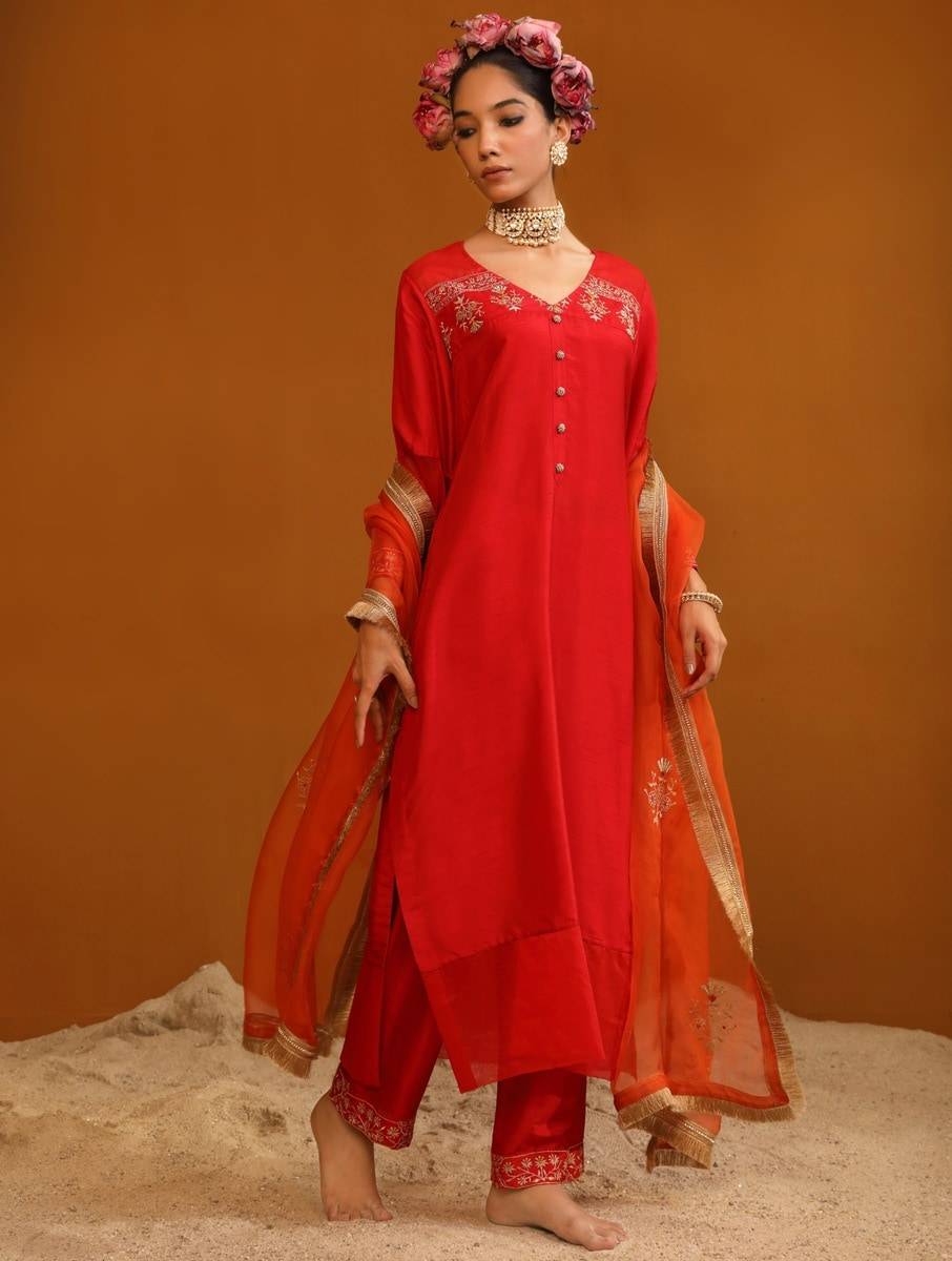 Women Red Bemberg Silk Kurta, Pants & Dupatta