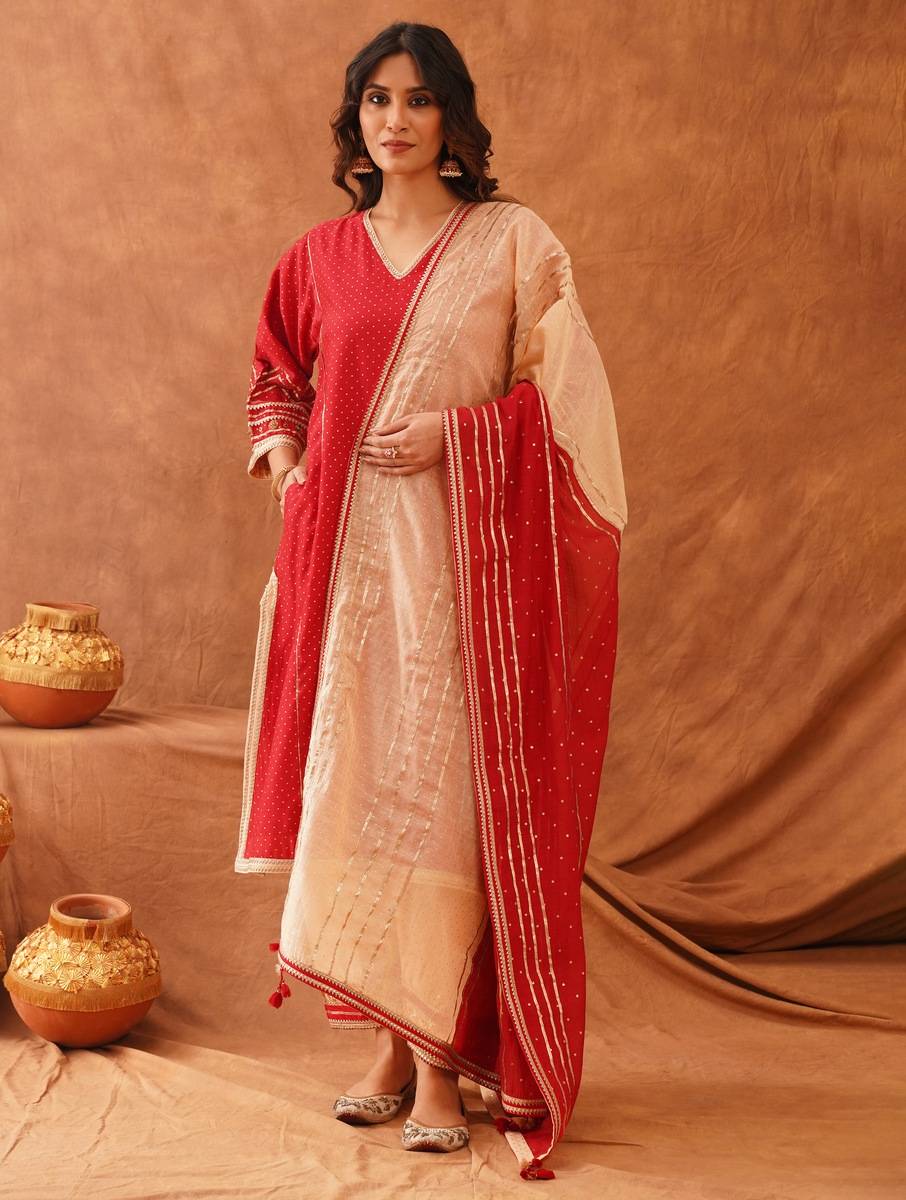 Women Red Cotton Silk Gota Patti Kurta, Salwar & Dupatta