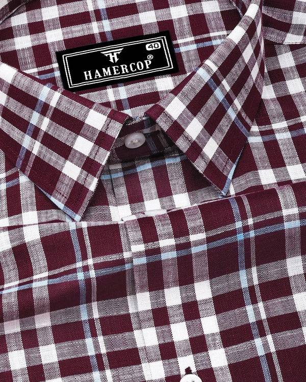 Ingrid Maroon With White Check Linen Cotton Shirt