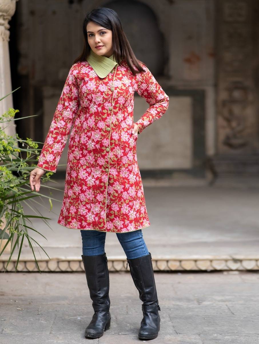 Women Red Cotton Block Print Collar Neck Regular Fit Jacket