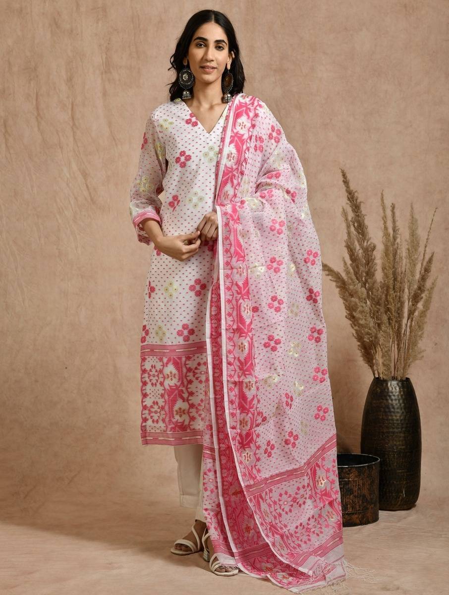 Women White Cotton Jamdani Kurta, Pants & Dupatta