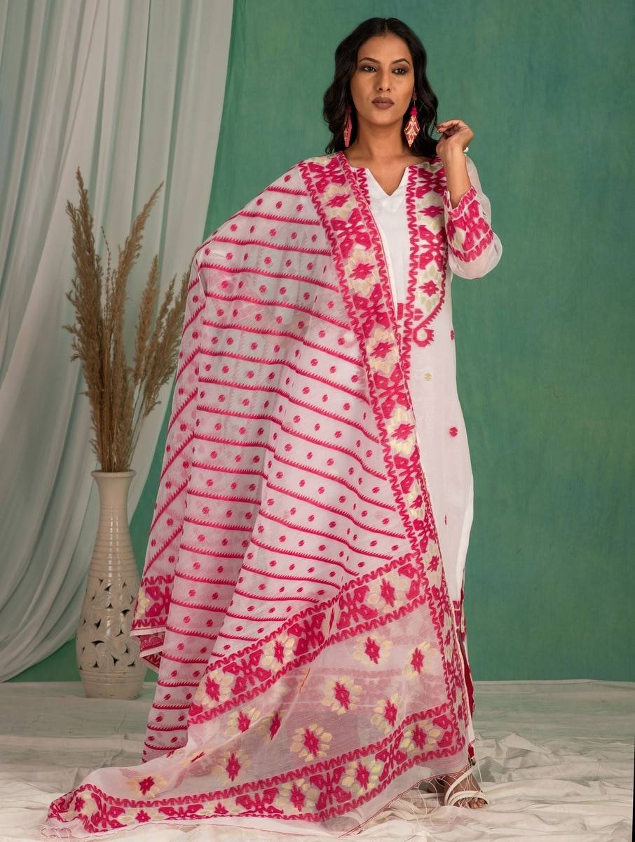 Women White Cotton Jamdani Kurta, Pants & Dupatta