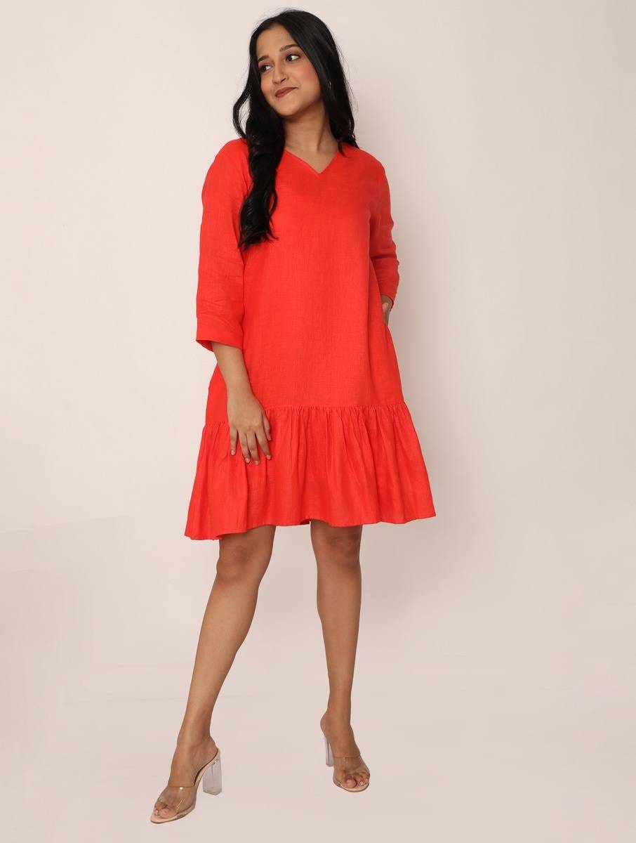 Women Red Linen Solid V Neck Basic Dresses