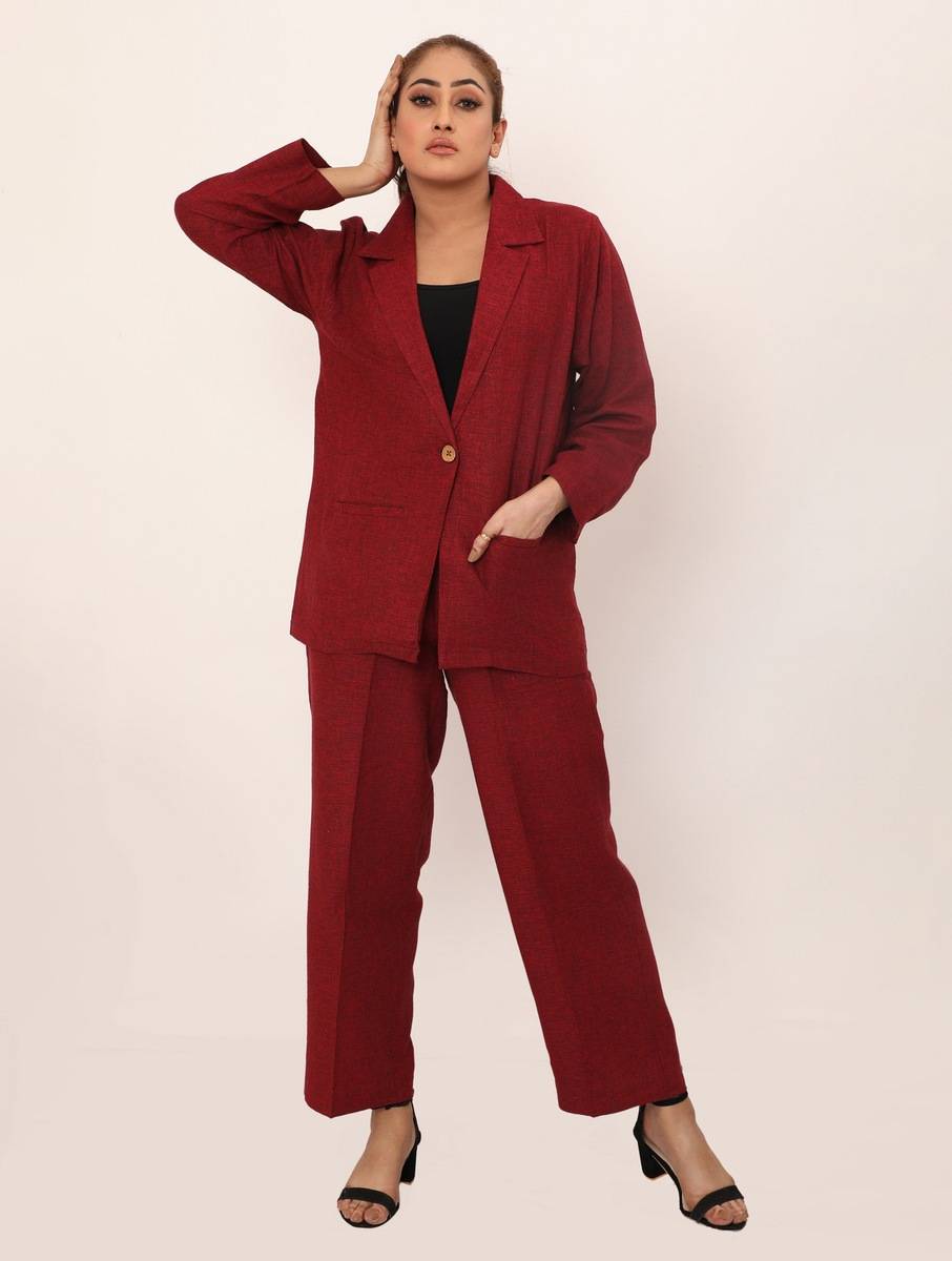Women Red Linen Basic Lapel Collar Straight Co-ords