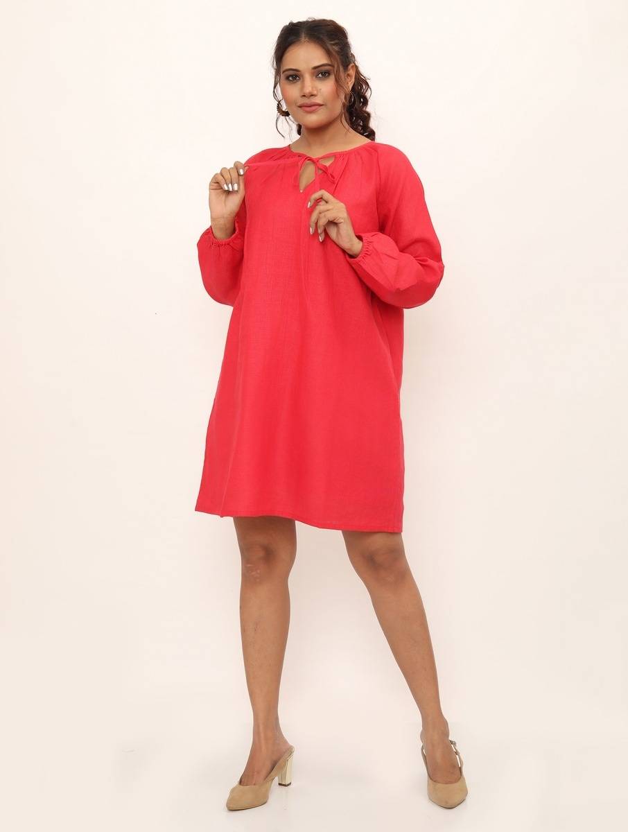 Women Red Linen Solid Tie up Neck Basic Dresses