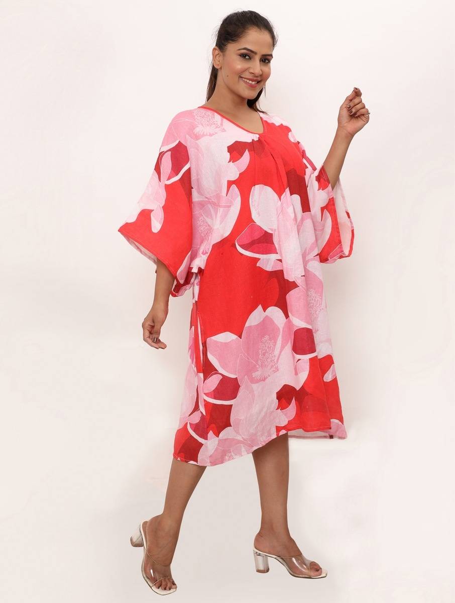 Women Red Linen Printed Round Neck Basic Dresses