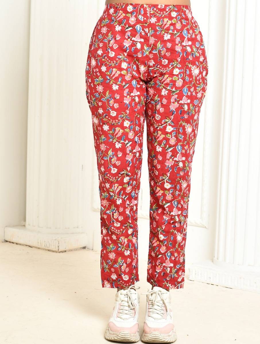 Women Red Cotton Floral Ankle Length Regular Fit Pants