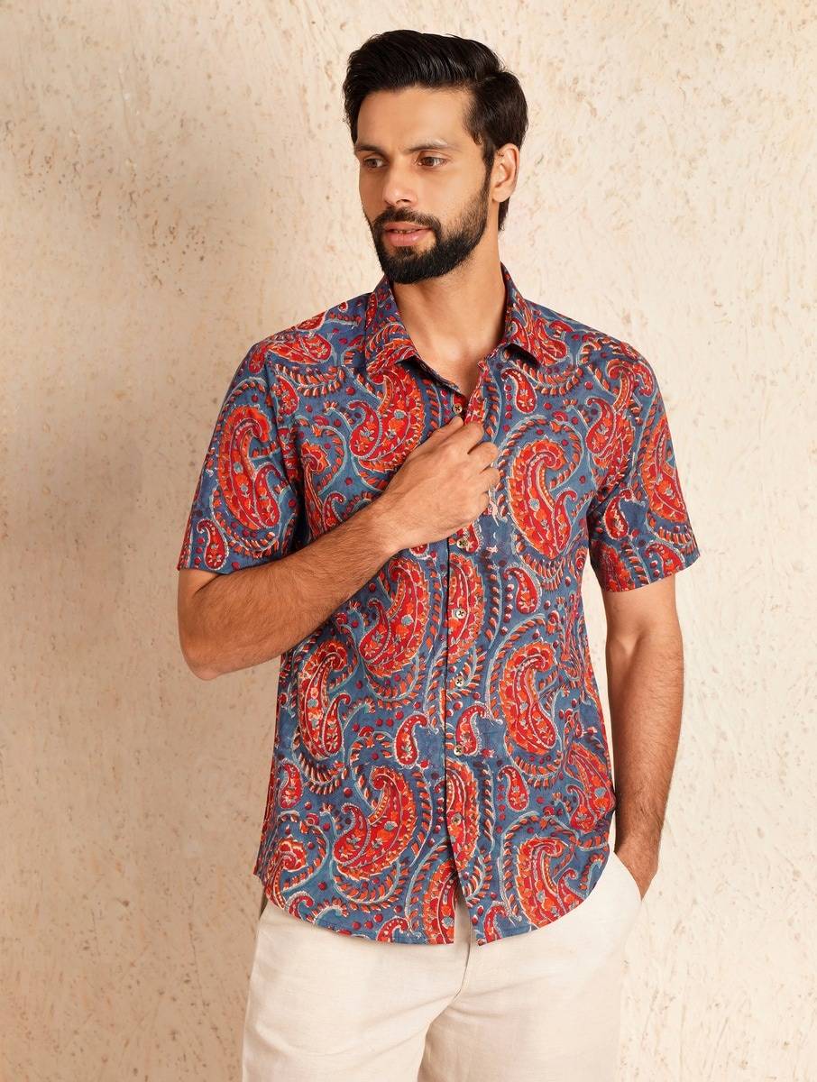 Men Multicolour Cotton Printed Block Print Shirt Collar Regular Fit Shirts
