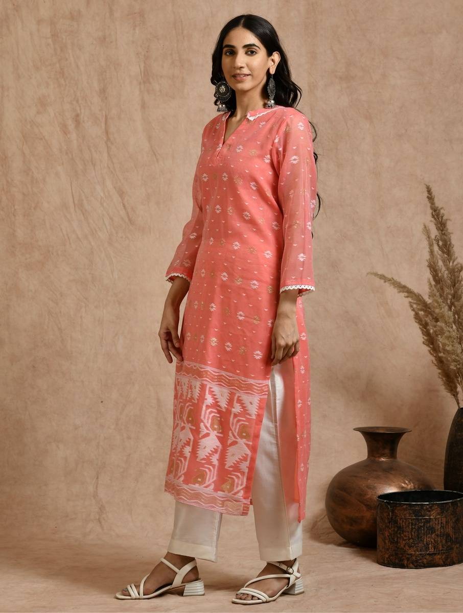 Women Peach Orange Jamdani Cotton Kurta, Pants & Dupatta
