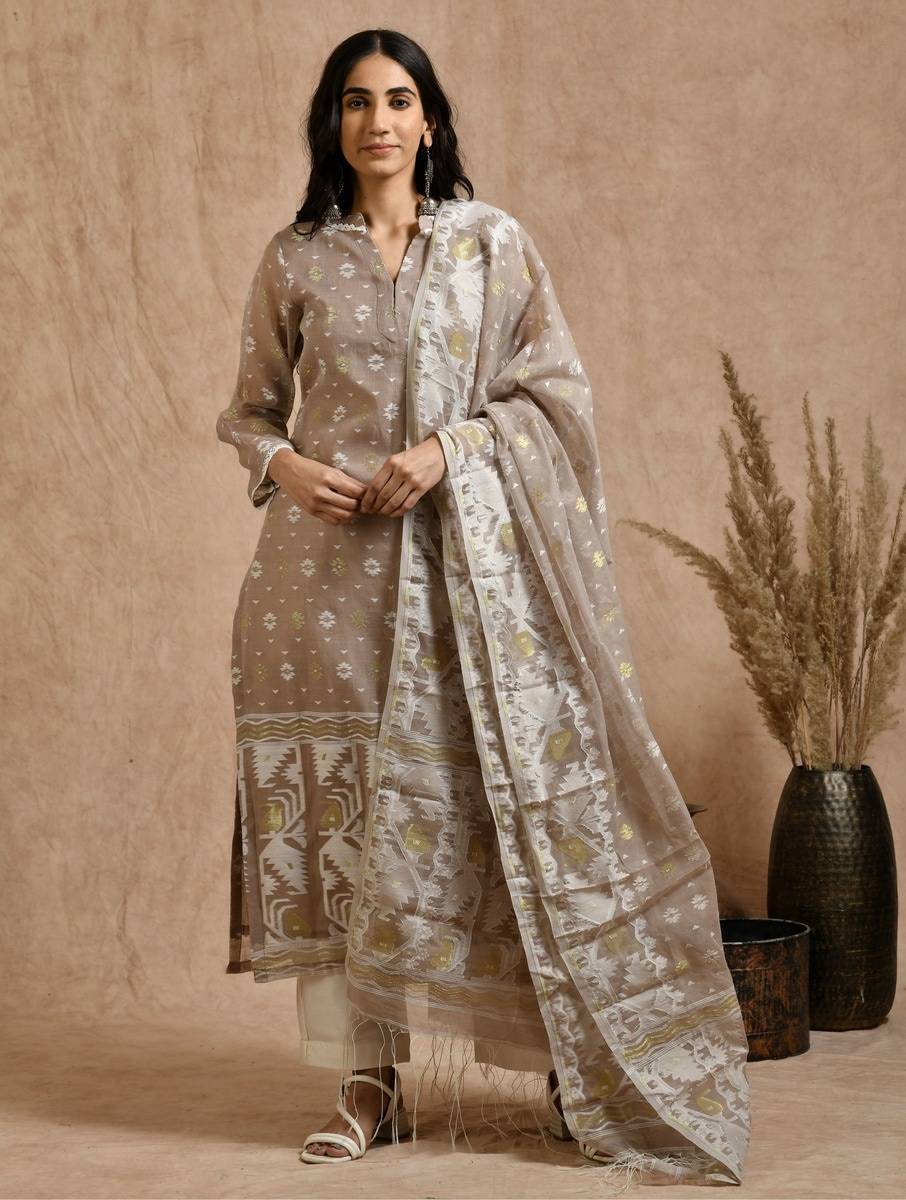 Women Brown Jamdani Cotton Kurta, Pants & Dupatta