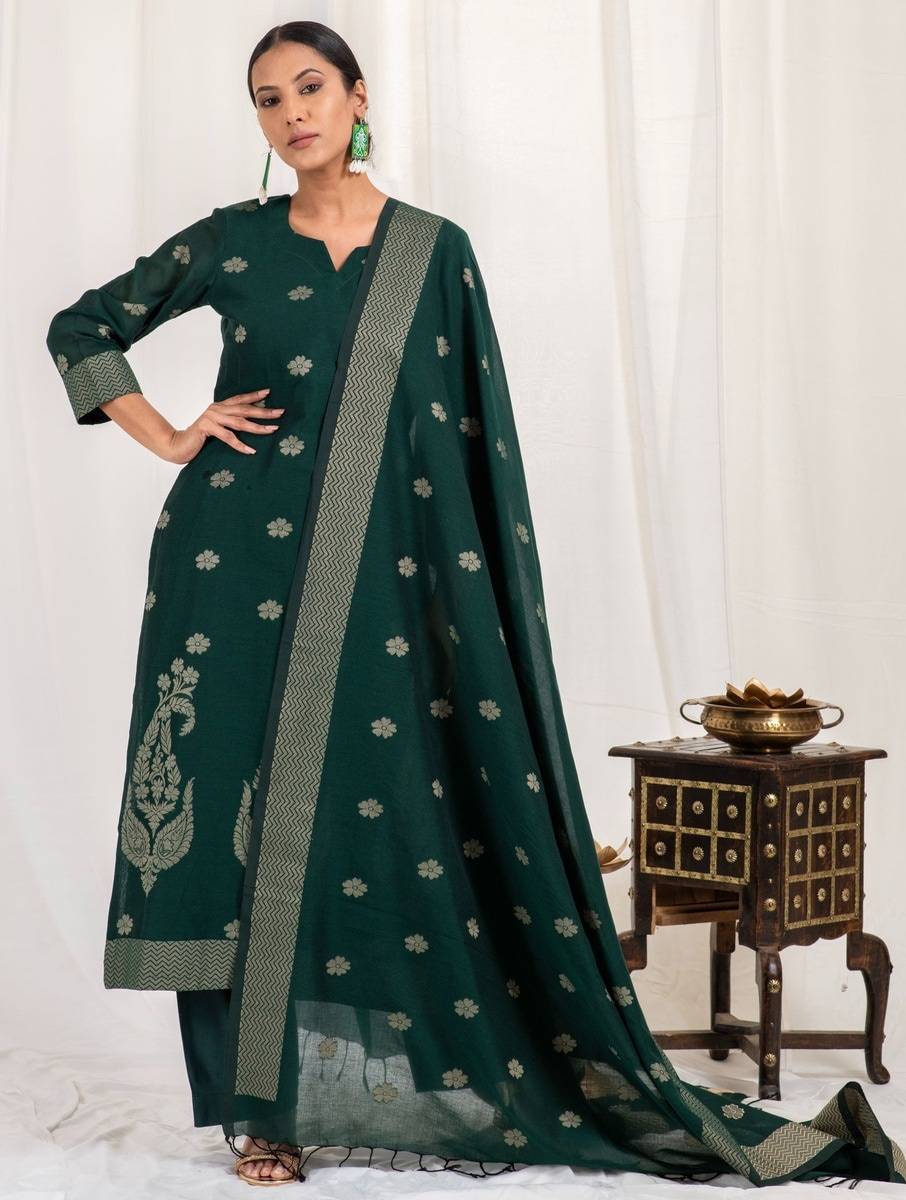 Women Bottle Green Jamdani Cotton Kurta, Pants & Dupatta