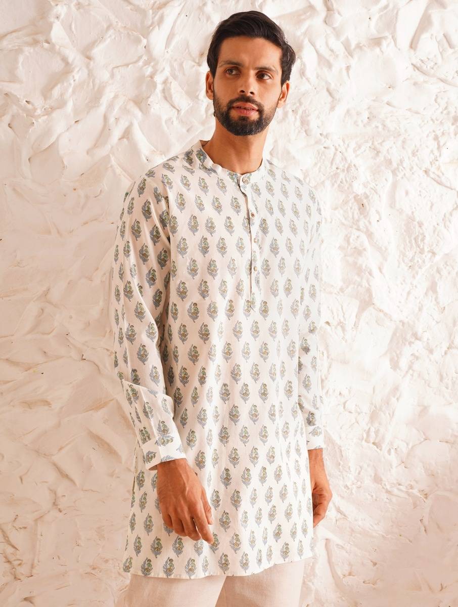 Men Multicolour Cotton Block Print Mandarin Collar Straight Fit Kurta