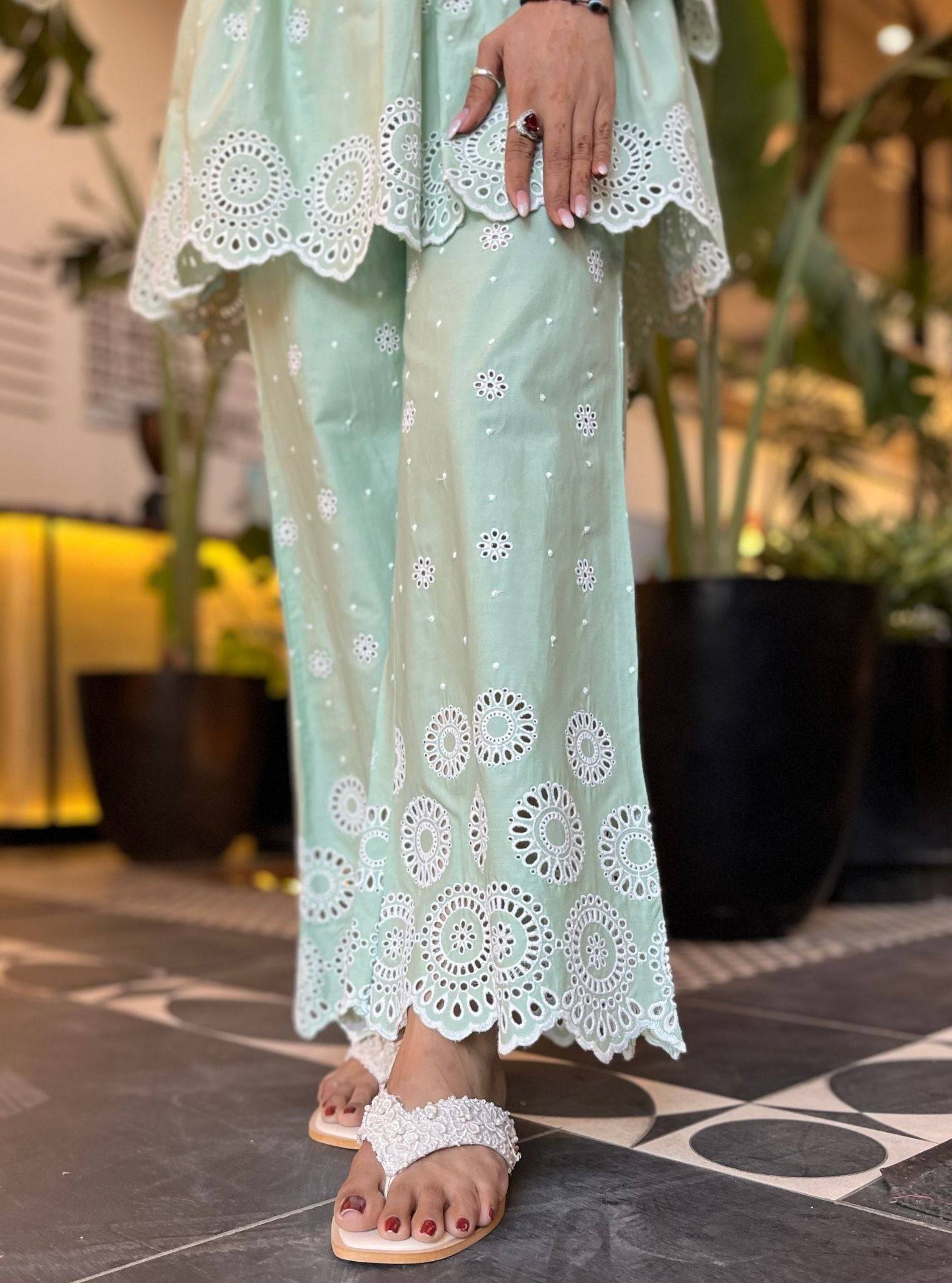 Aurelia Cotton Green Top with Bell Bottom Set