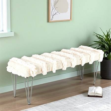 Belmont Sheesham Wood Mid Century 3 Seater Bench With Metal Legs In Beige Fabric
