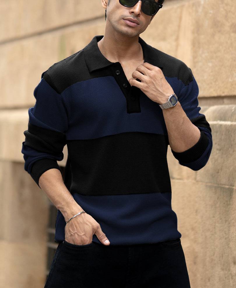 Blue Structured Knit Striped T-Shirt Buy @ ₹1099