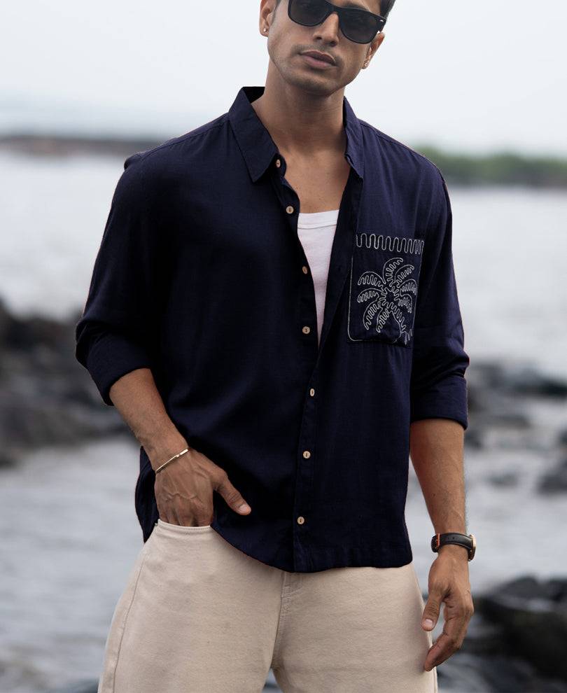 Navy Linen Blend Embroidery Shirt Buy @ ₹1299