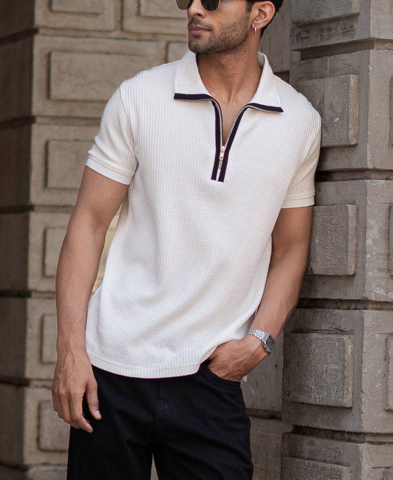 White Structured Zipper T-Shirt Buy @ ₹599