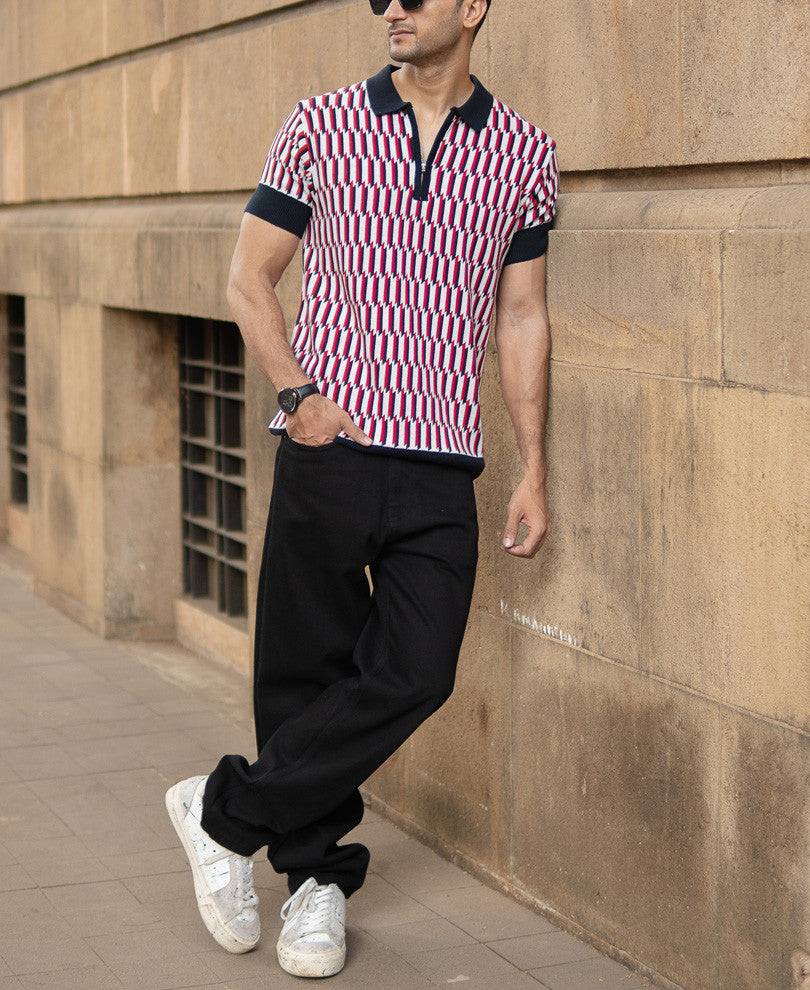 Multicolour Jacquard Knit Polo T-Shirt Buy @ ₹499