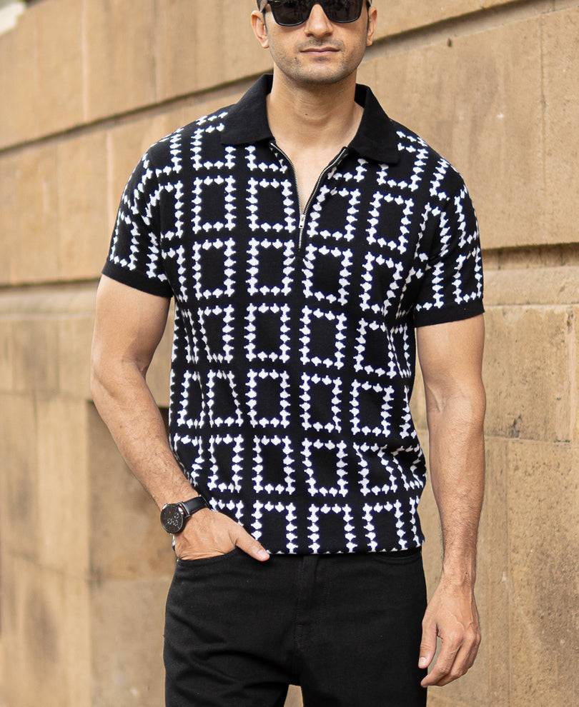 Black Knit Zipper Polo T-Shirt Buy @ ₹599
