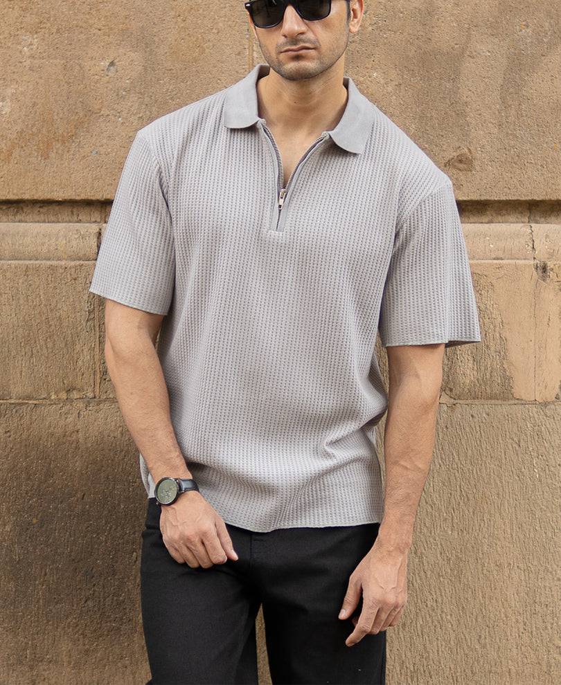Grey Structured Zipper Polo T-Shirt Buy @ ₹599