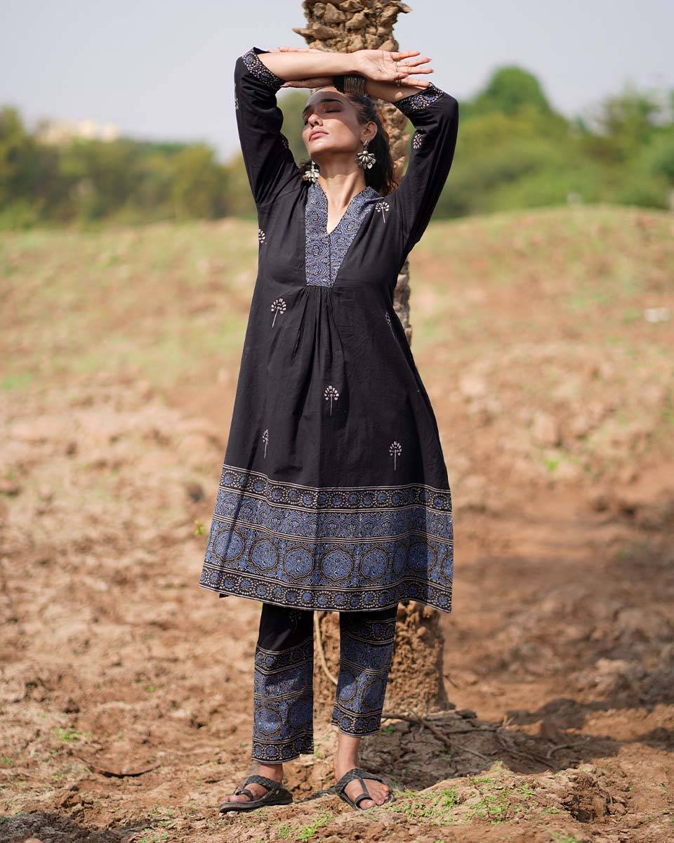 Twilight Petals Blockprinted Cotton Kurta Set-WWB