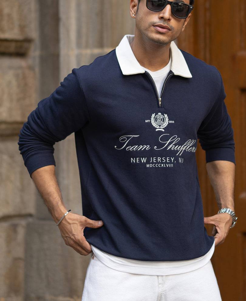 Navy Contrast Collar Embroidered Sweatshirt Buy @ ₹1299
