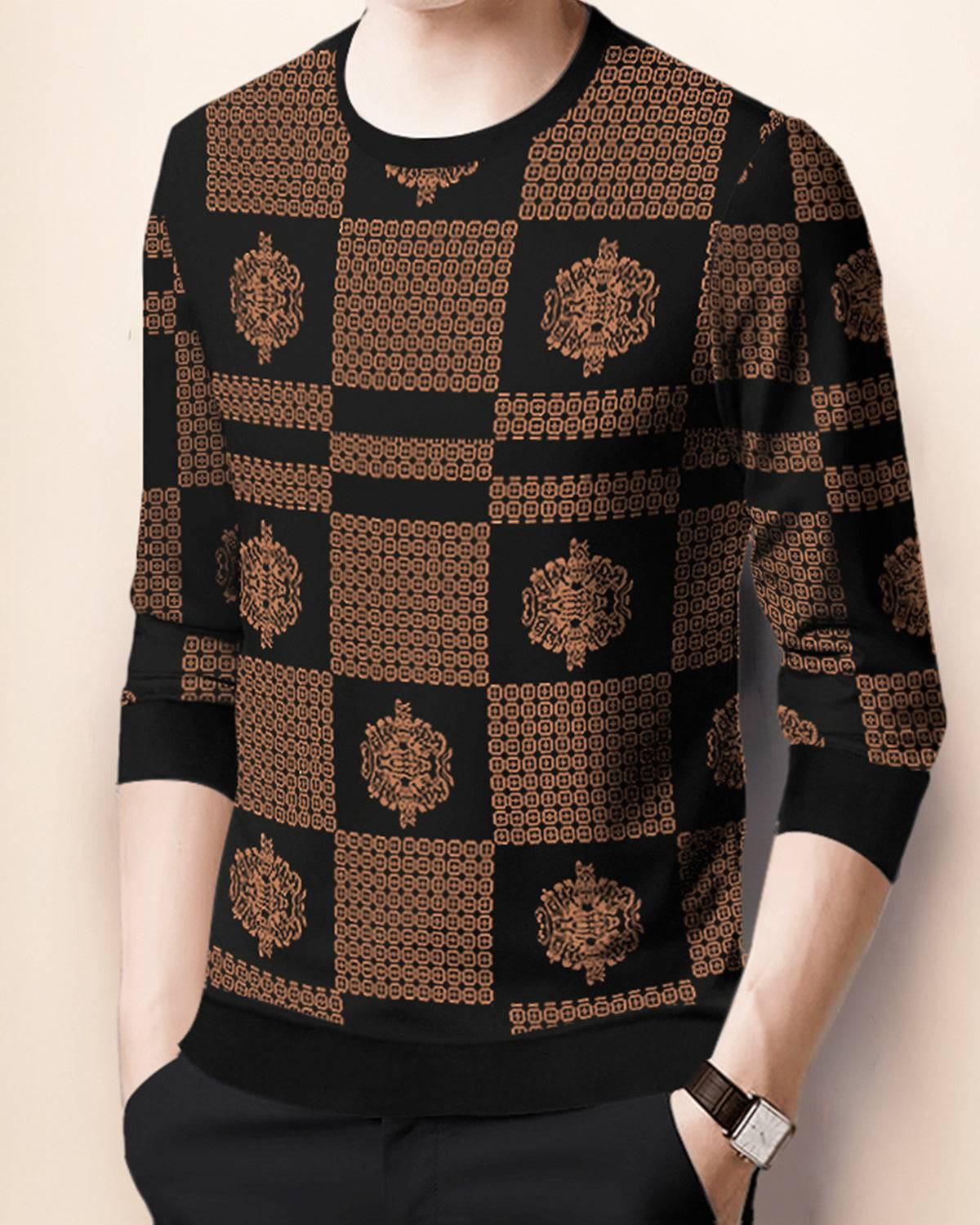 Men Full Sleeve Design Printed Round Neck Black & Brown T-Shirt