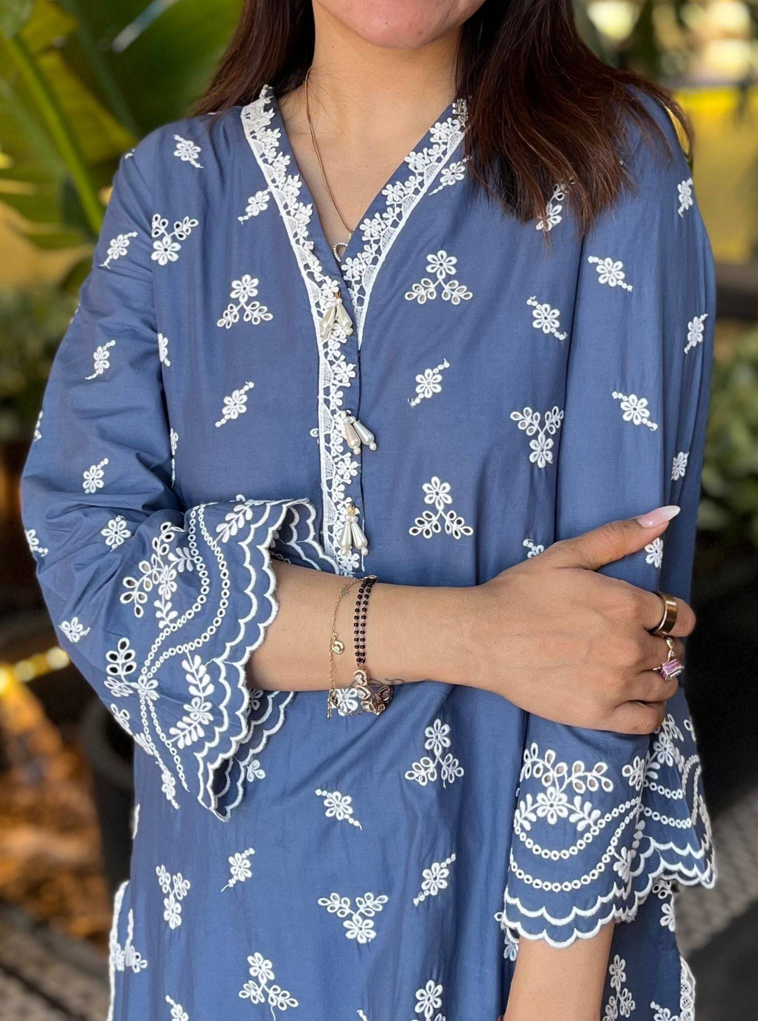 Satari Cotton Navy Kurta Set