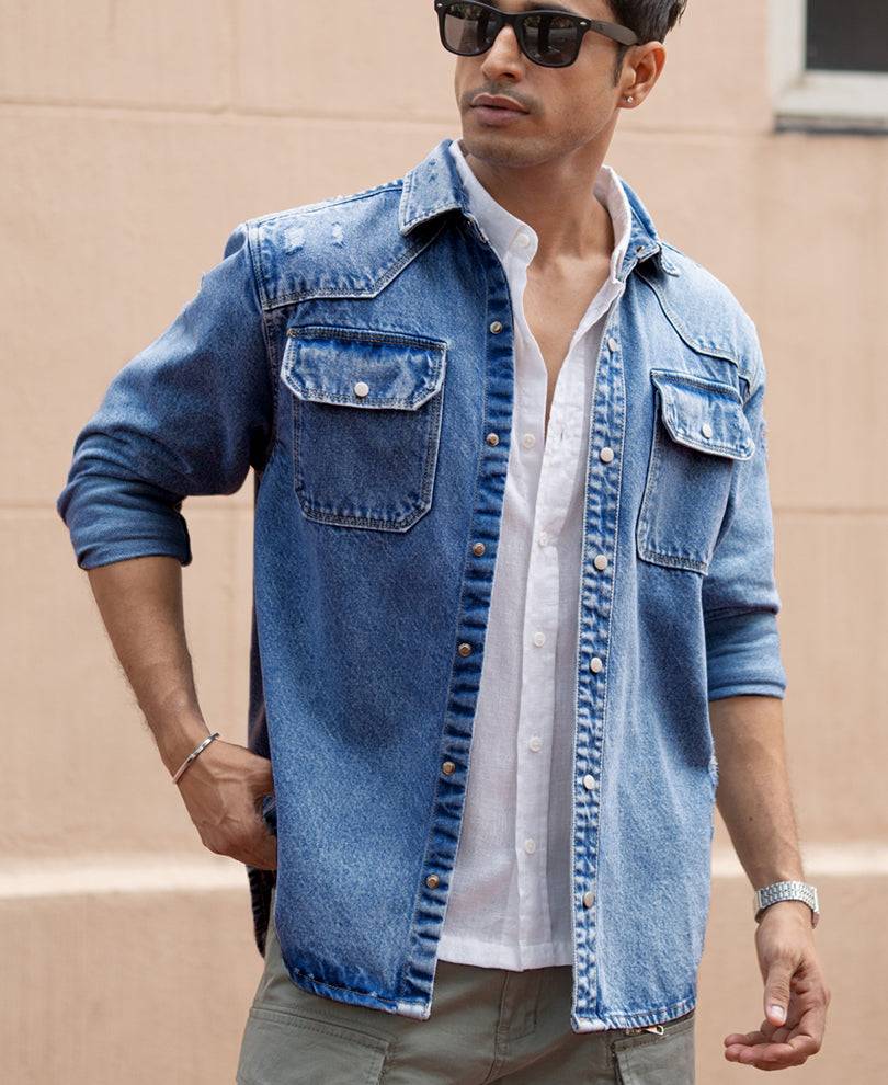 Mid Blue Distressed Denim Overshirt Buy @ ₹1599