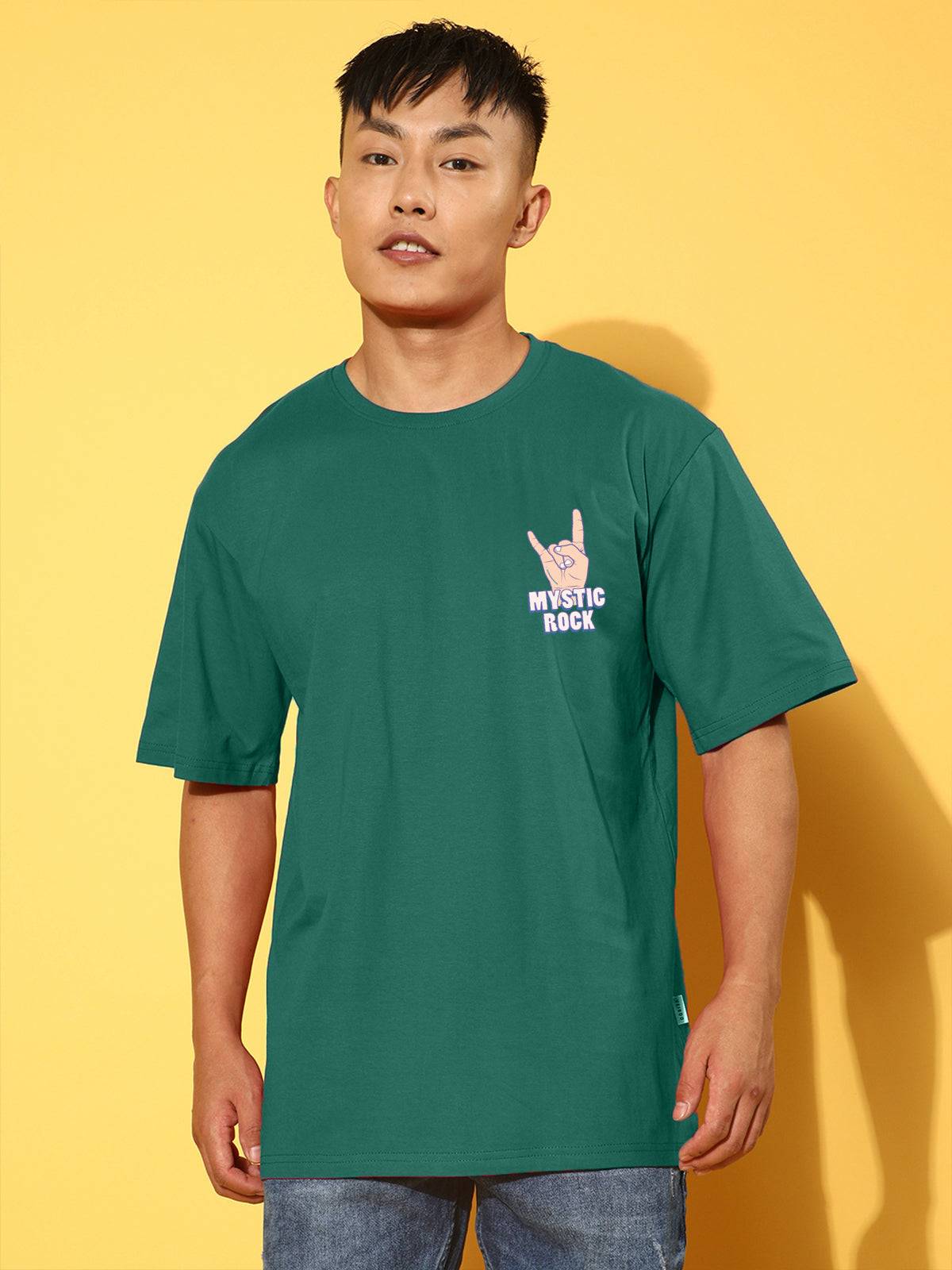 MYSTIC ROCK Green Oversized Back Graphic Printed T-shirt