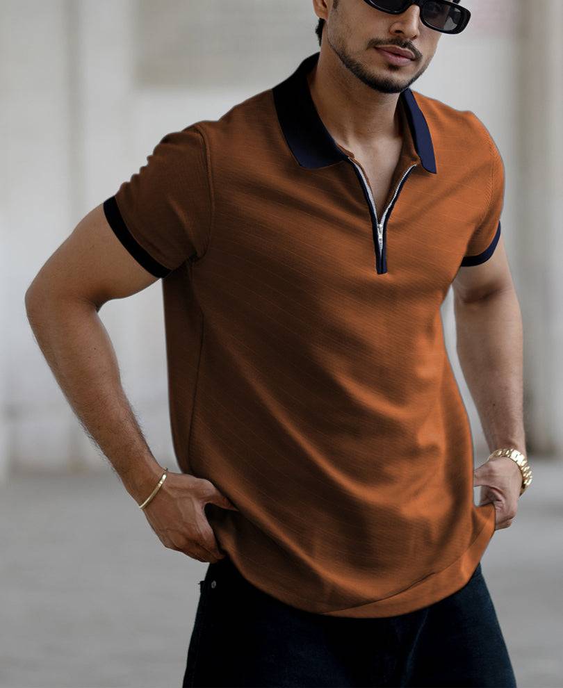Dark Tan Contrast Collar Zipper T-Shirt Buy @ ₹399