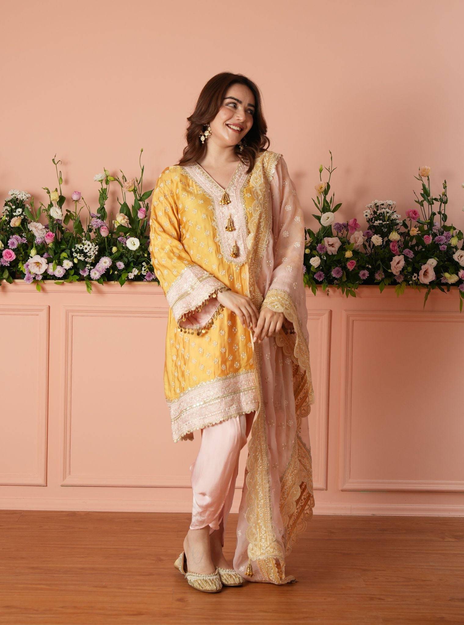 Survani Bemberg Satin Mustard Kurta With Pink Salwar