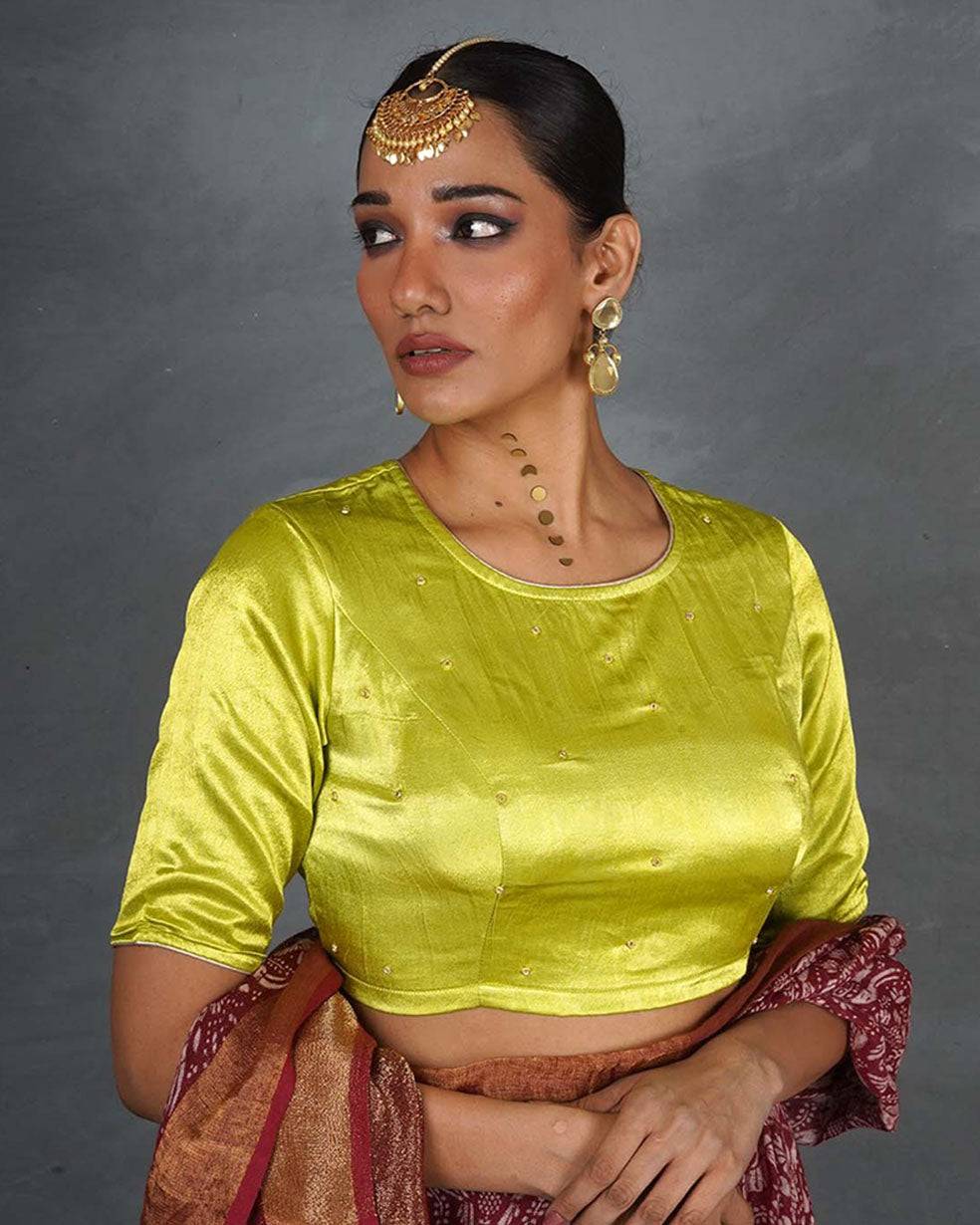 Leela Lime Green Mashru Silk Blouse - TARA
