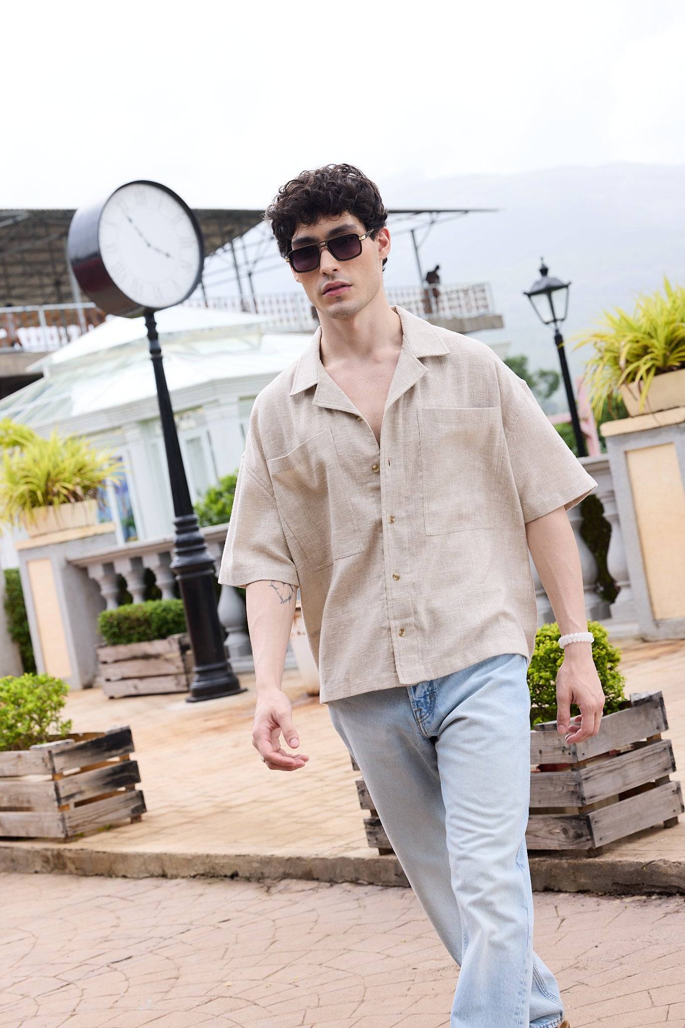 Sahara Beige Vacation Luxe Oversized Twin Pocket Crop Shirt Buy only at ₹759