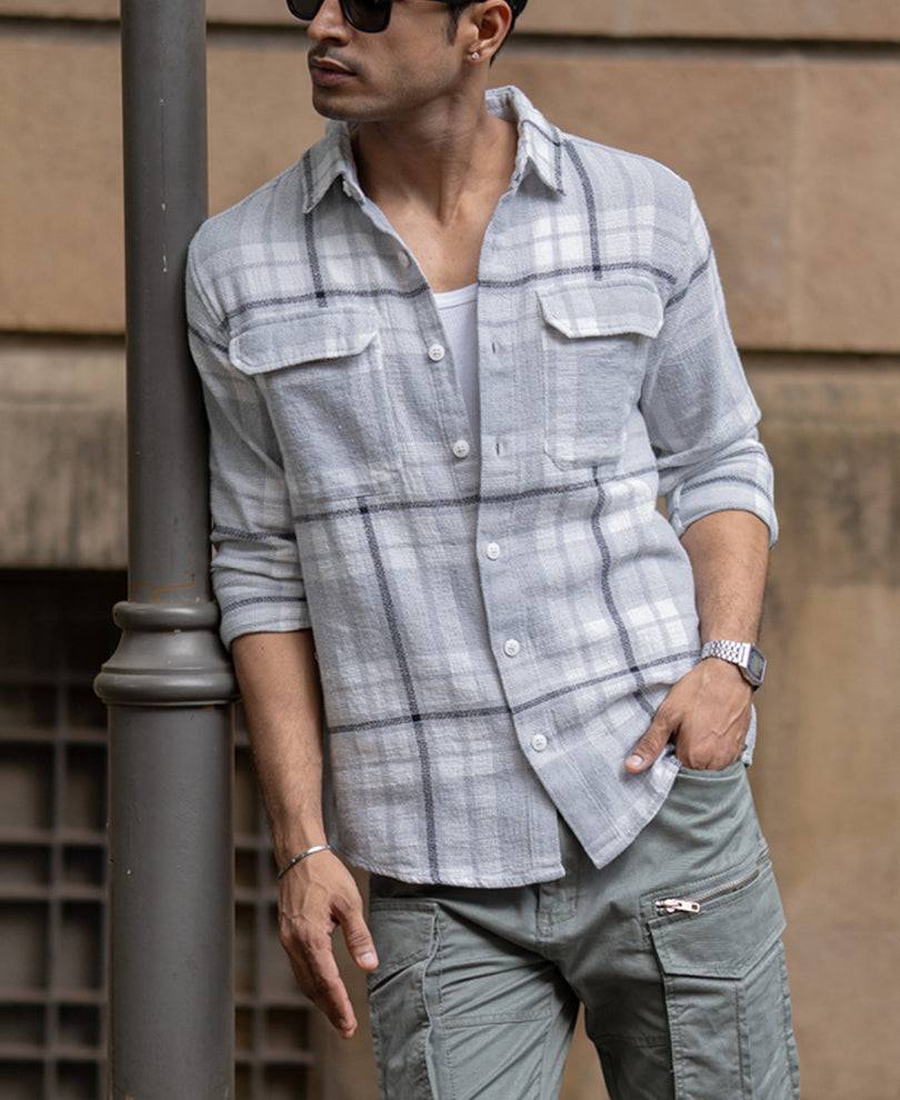 Light Grey Structured Checks Shacket Oversize Drop Shoulder Shirt Buy @ ₹999