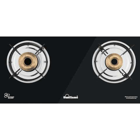 Sunflame Cooktop, NAPLES 2B, 2 Burner Auto Manual Ignition Glass Top Brass Burner 2 Medium + 1 small Gas Stove (Black) Buy at only ₹2999