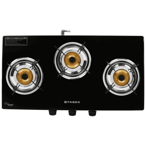 Faber Cooktop, POWER 3BB BK, 3 Burner 70 cm Manual Ignition Glass Top Brass Burners 1 Small + 2 Medium Gas Stove, Glass (Black) Buy at only ₹3471