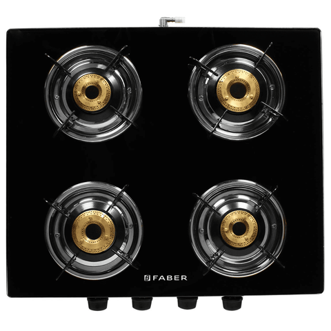 Faber Cooktop, POWER 4BB BK, 4 Burner 60 cm Manual Ignition Glass Top Brass Burners 1 Small + 2 Medium +1 Jumbo Gas Stove (Black) Buy at only ₹5248