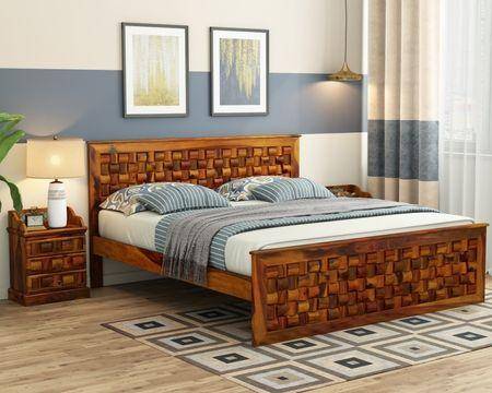 Moglis Solid Wood Queen  Size Bed Without Storage Bed In Honey Oak Finish